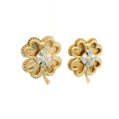 Vintage Retro 14k Solid Gold Diamond Four Leaf Clover Fluted Lucky Stud Earrings
