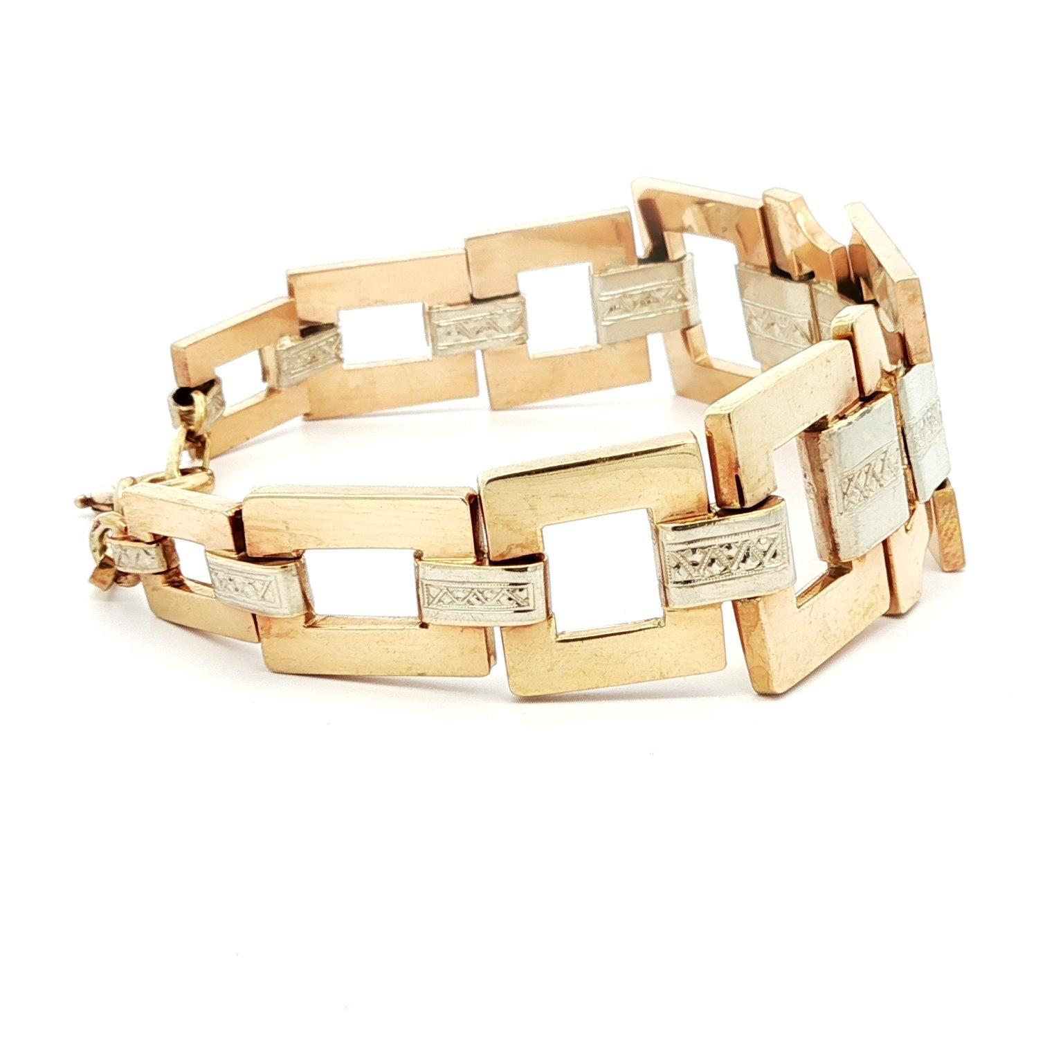 Rétro Vintage Retro 14k Solid Gold Graduated Geometric Square Open Link Bracelet en vente