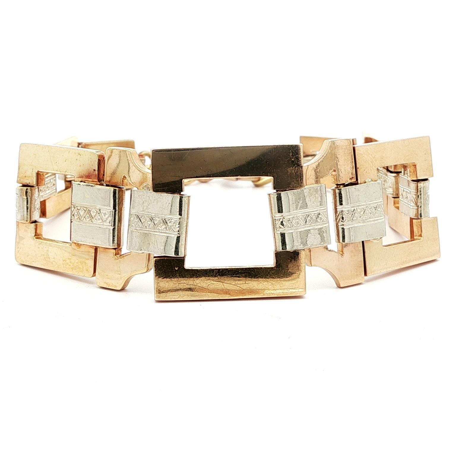 Vintage Retro 14k Solid Gold Graduated Geometric Square Open Link Bracelet en vente 2