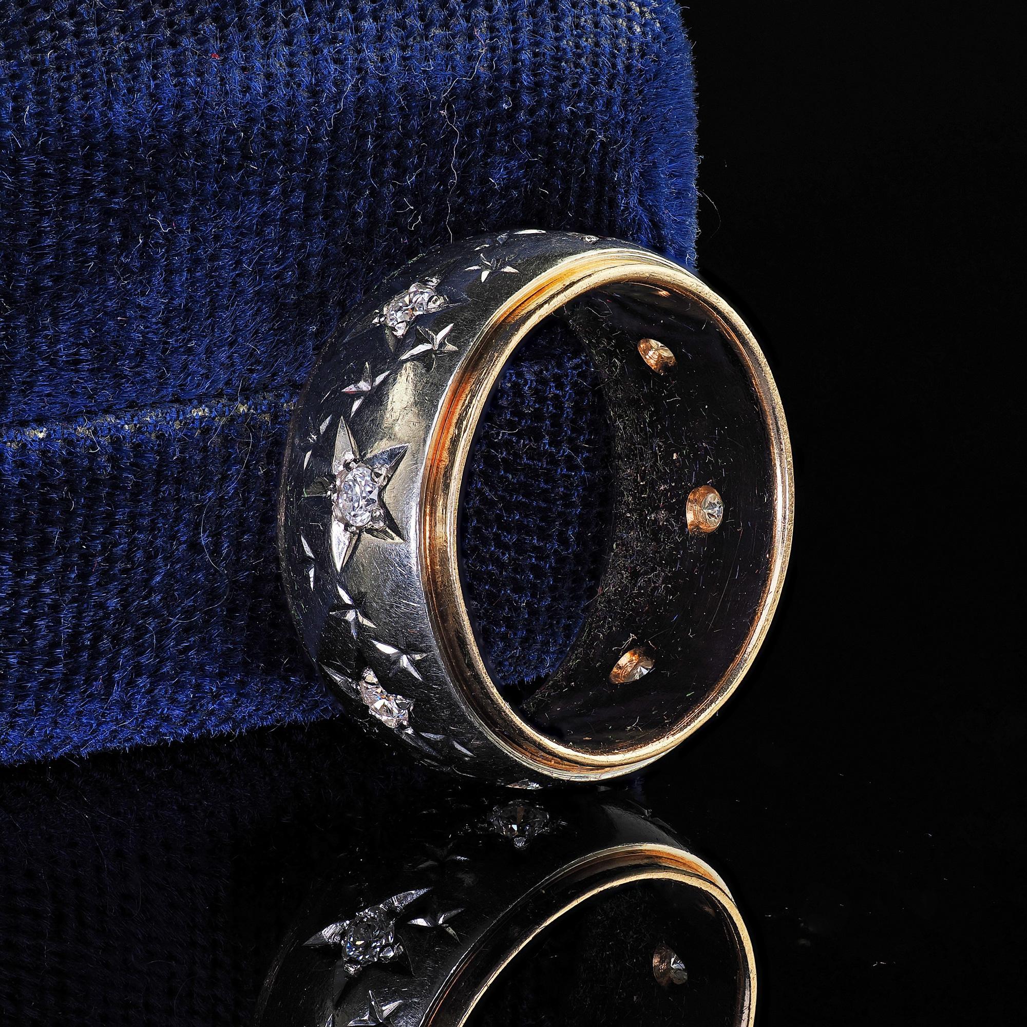 Round Cut Vintage Retro 14K Two Tone Diamond Star Set Wide Wedding Band - Size 5