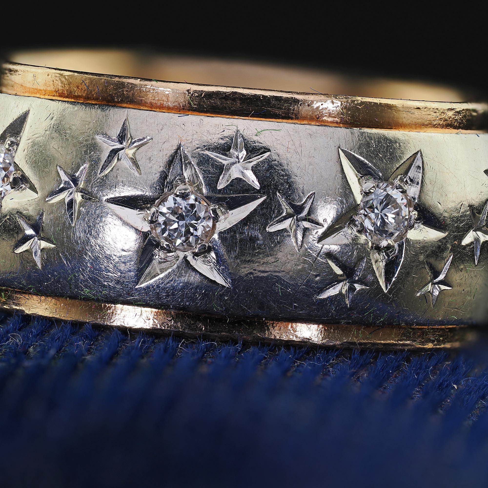 Vintage Retro 14K Two Tone Diamond Star Set Wide Wedding Band - Size 5 In Good Condition In Great Neck, NY