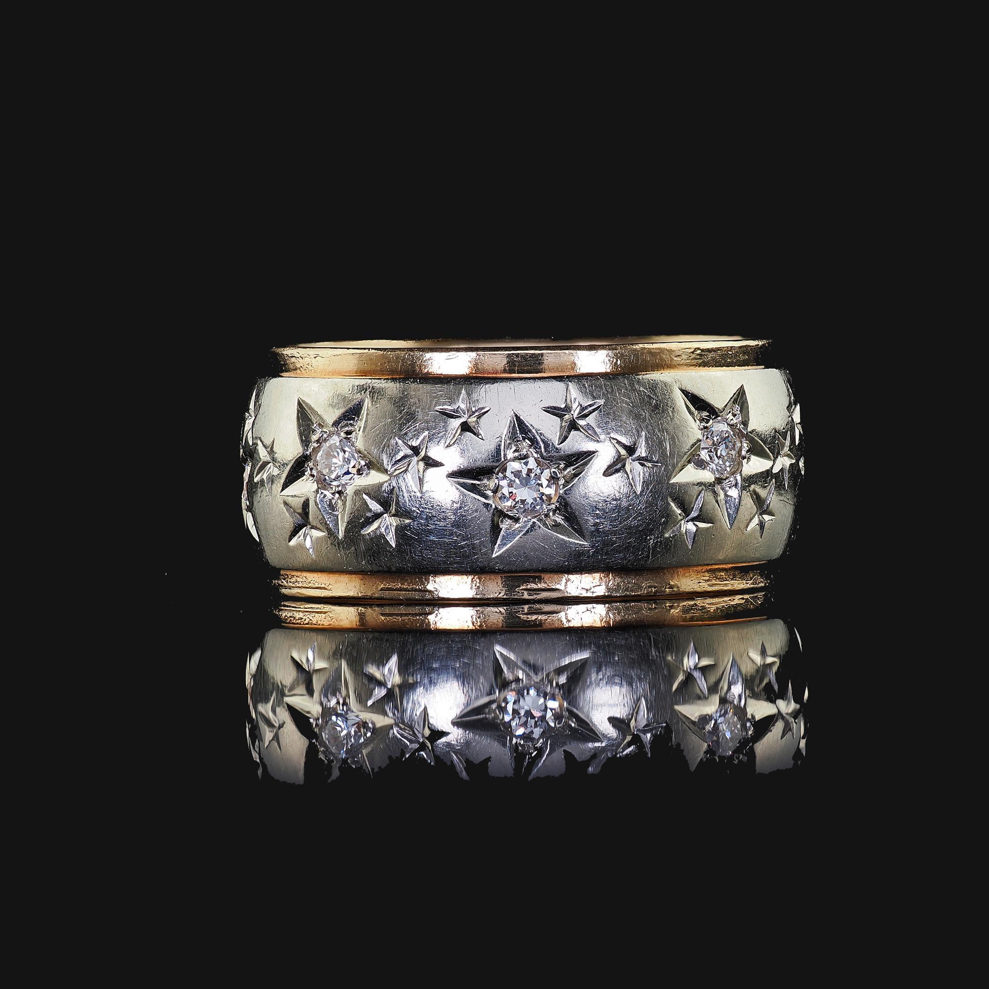 Women's Vintage Retro 14K Two Tone Diamond Star Set Wide Wedding Band - Size 5