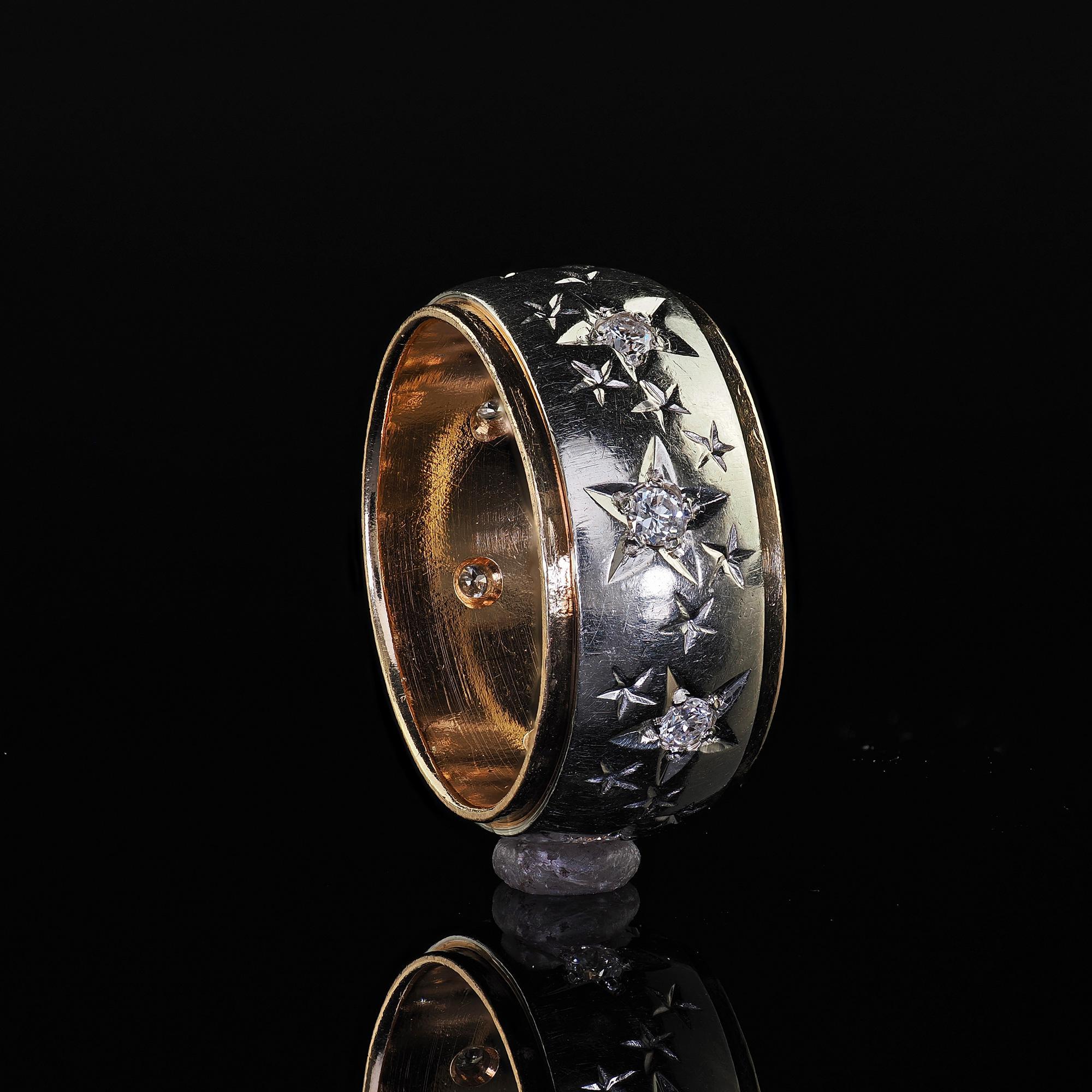 Vintage Retro 14K Two Tone Diamond Star Set Wide Wedding Band - Size 5 1