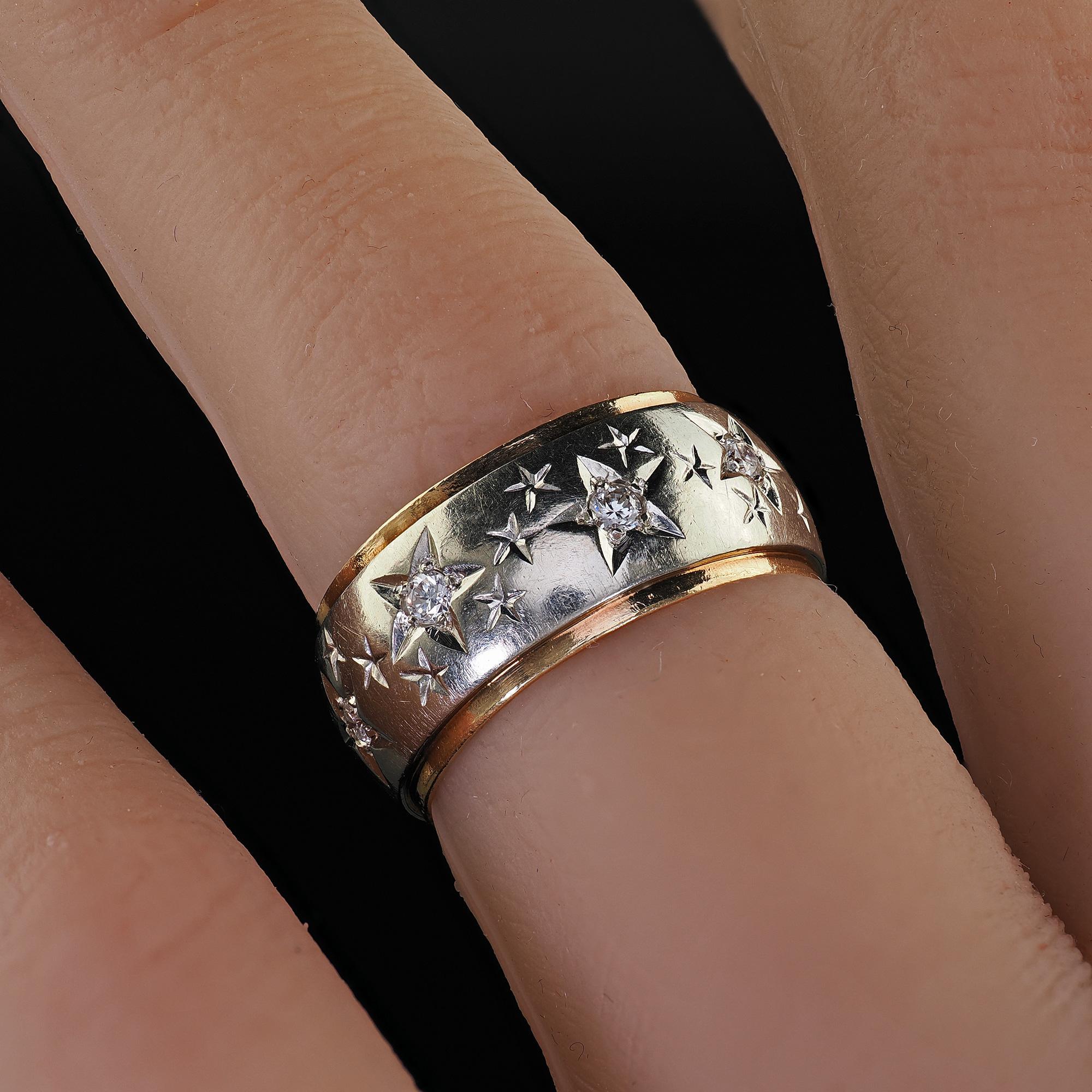Vintage Retro 14K Two Tone Diamond Star Set Wide Wedding Band - Size 5 2