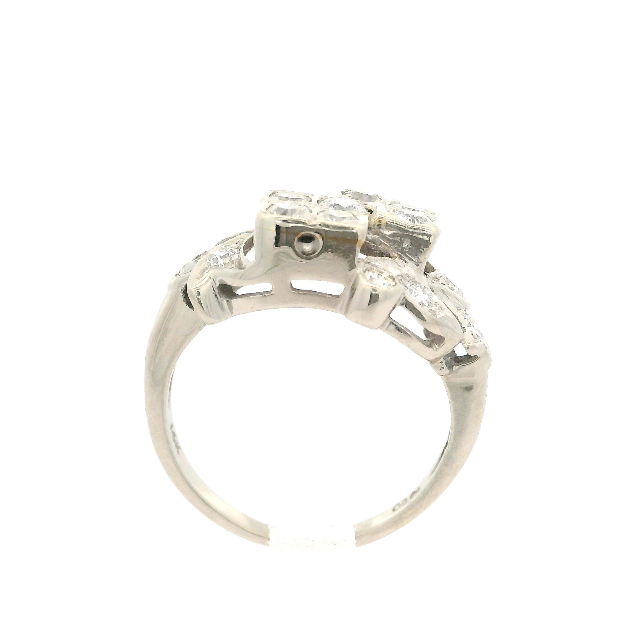 --Stone(s):--
(15) Natural Genuine Diamonds - Old European & Old Single Cut - Pave & Bezel Set - G-I Color - VS1-SI2 & I1 Clarity - 0.65ctw (approx.)
Total Carat Weight: 0.65 (approx.)

Material: Solid 14k White Gold
Weight: 3.10 Grams
Ring Size: