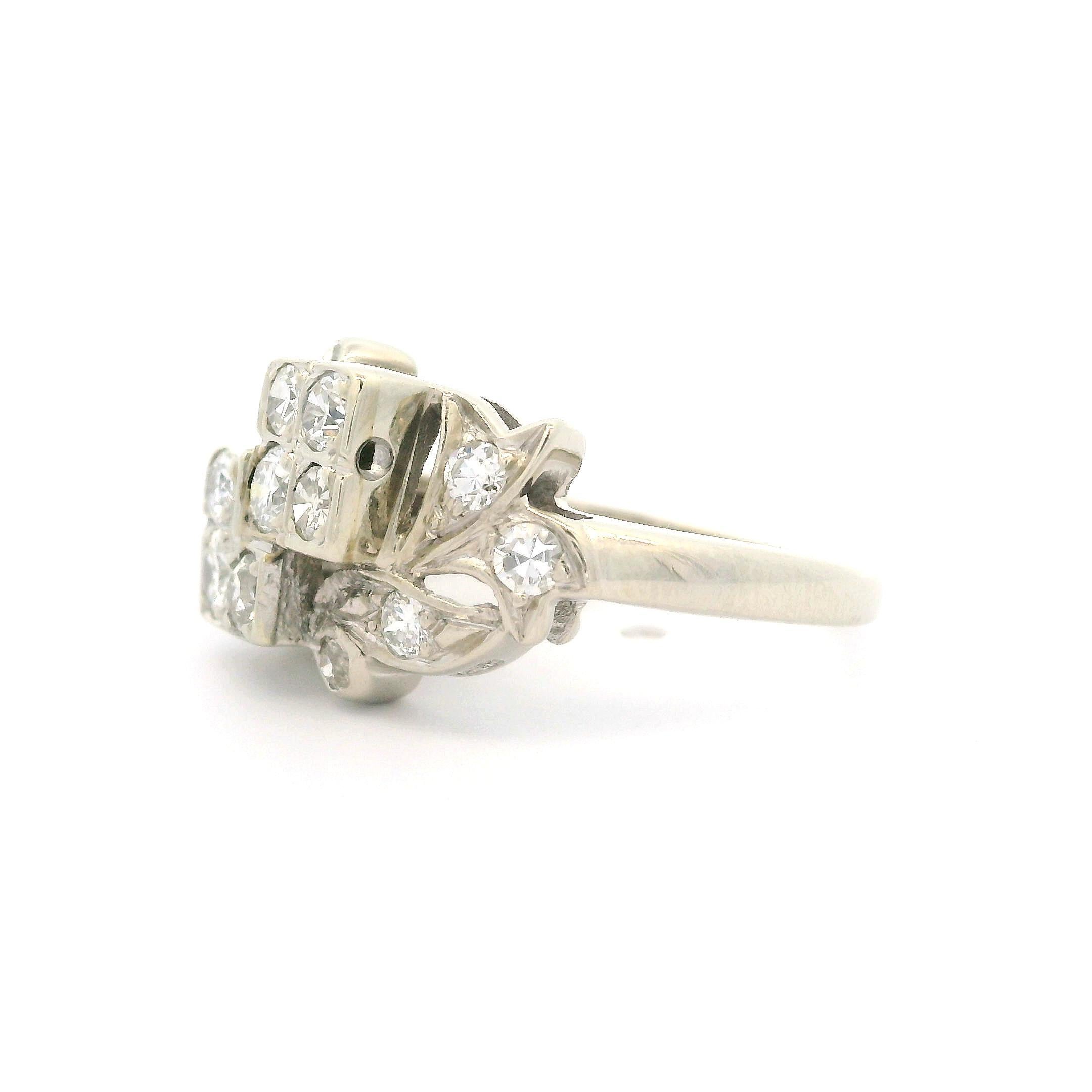 Women's Vintage Retro 14k White Gold 0.65ctw Fiery Diamond Geometric Floral Ring For Sale