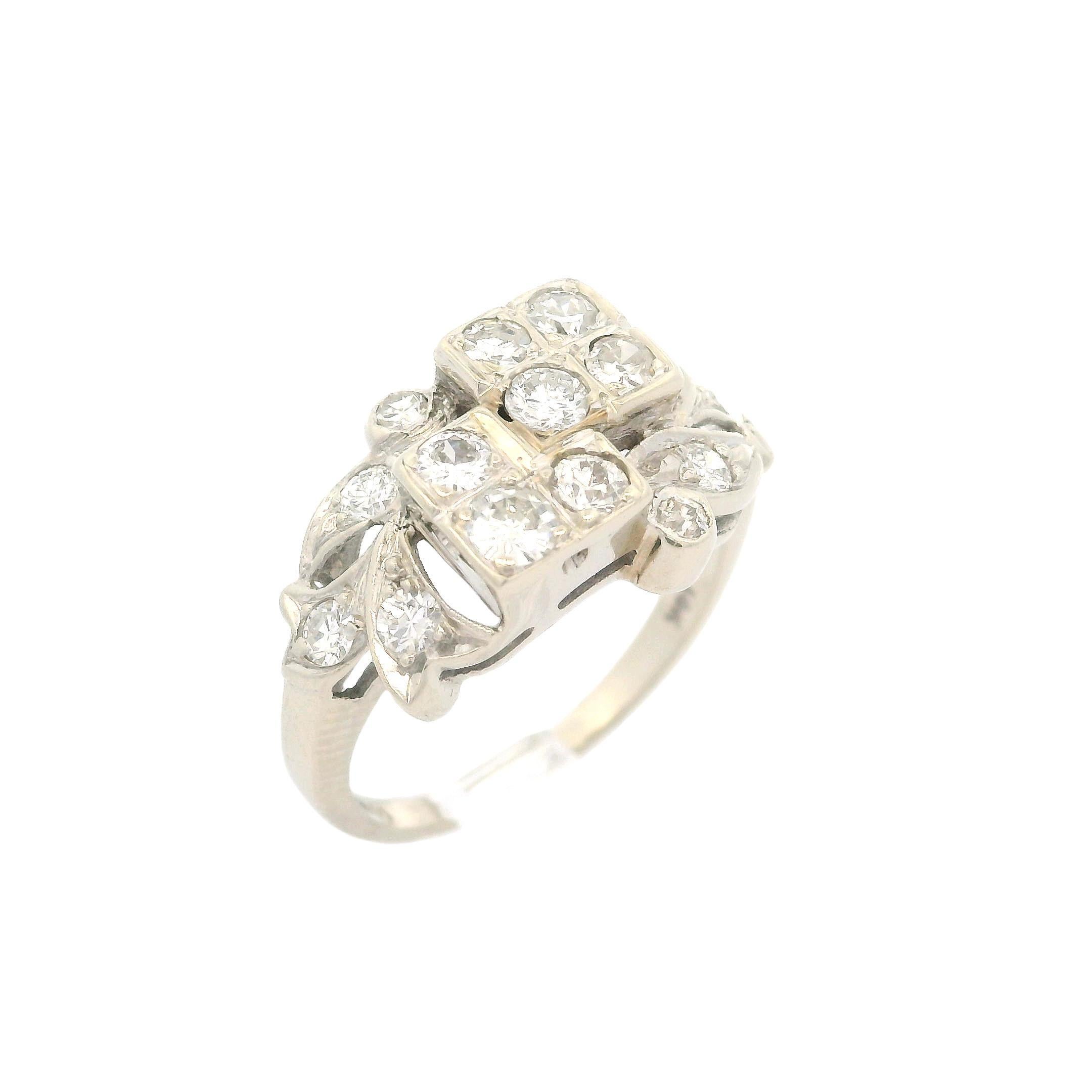 Vintage Retro 14k White Gold 0.65ctw Fiery Diamond Geometric Floral Ring For Sale 3