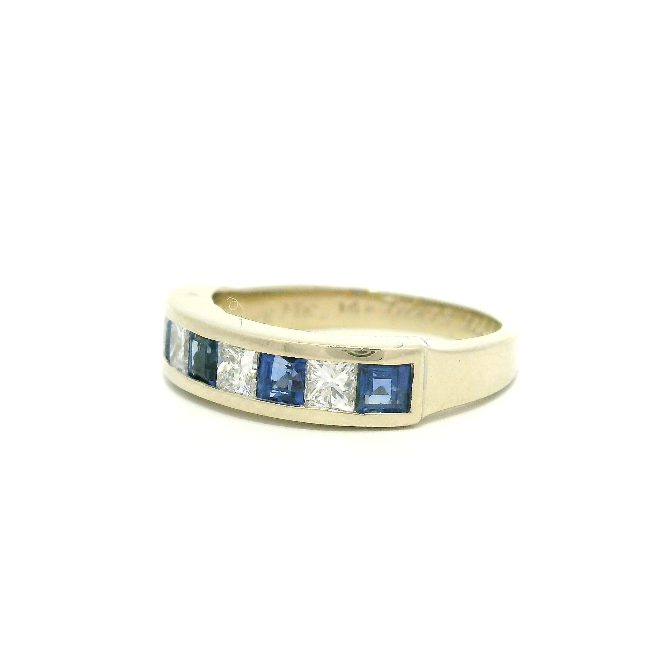 Vintage Retro 14k Weißgold 1.1 Karat Weißgold Bandring mit abwechselnd Saphir und Diamant im Zustand „Hervorragend“ im Angebot in Montclair, NJ