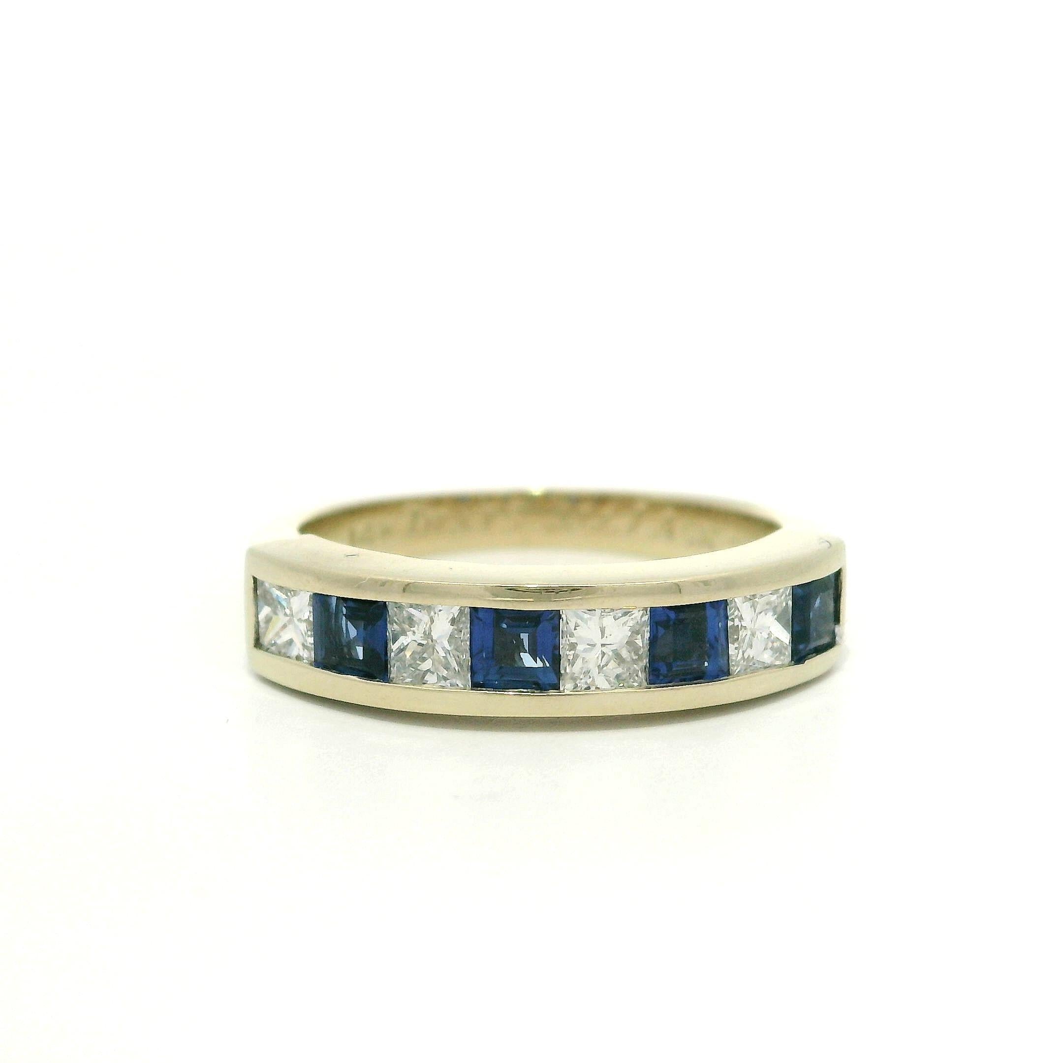 Vintage Retro 14k Weißgold 1.1 Karat Weißgold Bandring mit abwechselnd Saphir und Diamant im Angebot 3