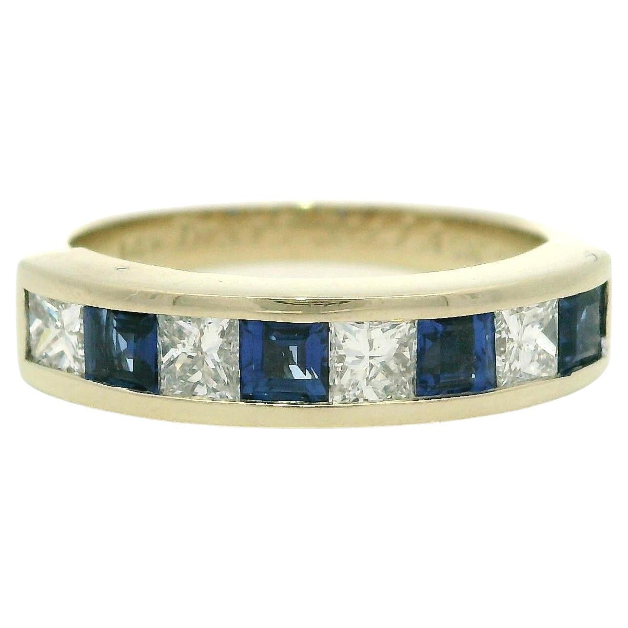 Vintage Retro 14k White Gold 1.1ctw Alternating Sapphire & Diamond Band Ring