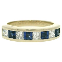 Anillo retro vintage de oro blanco de 14k con zafiro y diamantes alternados de 1,1 ctw