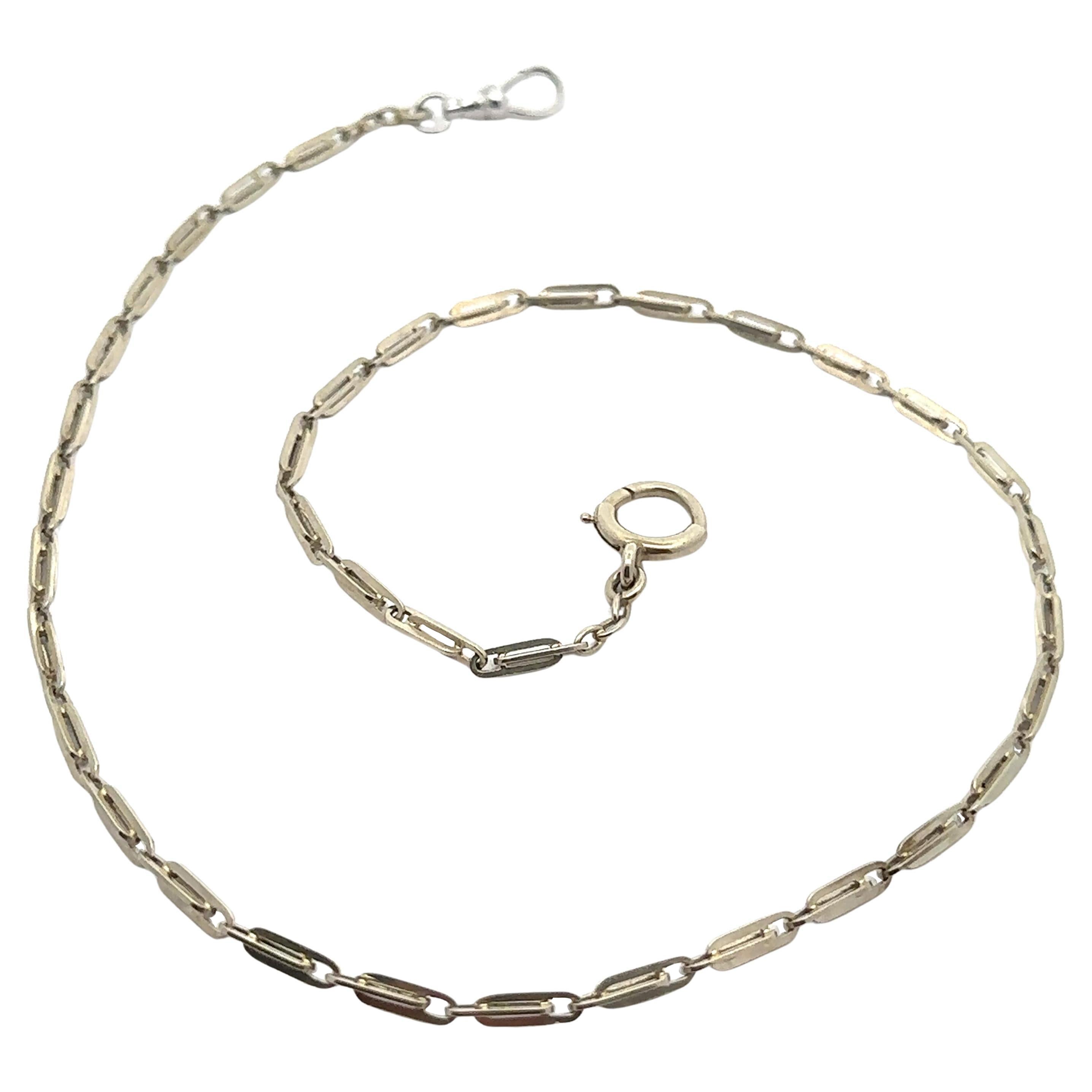 Vintage Retro 14k White Gold Oval Interlocking Links Pocket Watch Chain Necklace For Sale