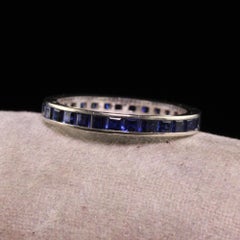 Vintage Retro 14K White Gold Square Cut Sapphire Eternity Band - Size 5 1/2