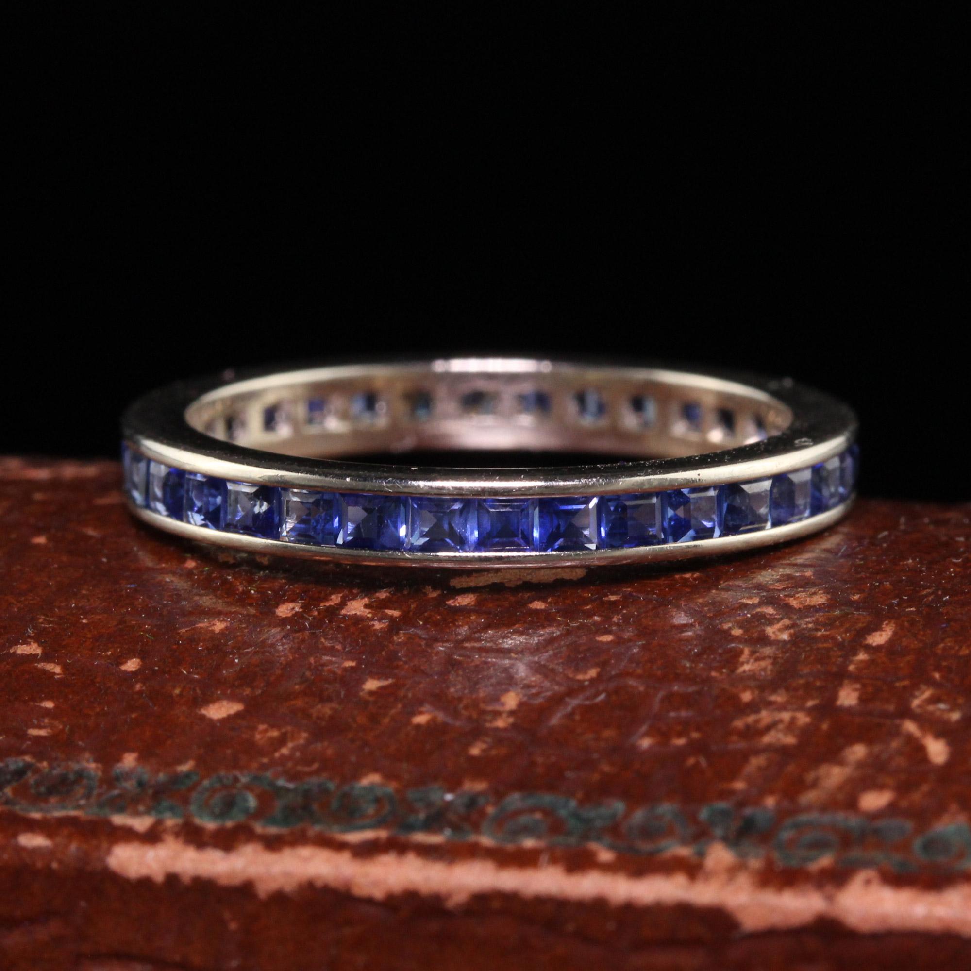 Beautiful Vintage Retro 14K White Gold Square Cut Sapphire Wedding Eternity Band - Size 7. This beautiful eternity band is crafted in 14k white gold. There are square cut sapphires going around the entire ring and is in great condition.

Item