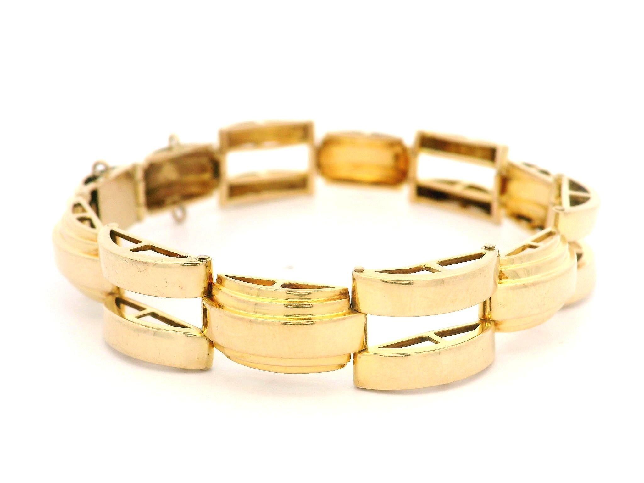 Vintage Retro 14k Gelbgold 10,2 mm Breites geometrisches Gliederarmband, Retro im Zustand „Gut“ im Angebot in Montclair, NJ
