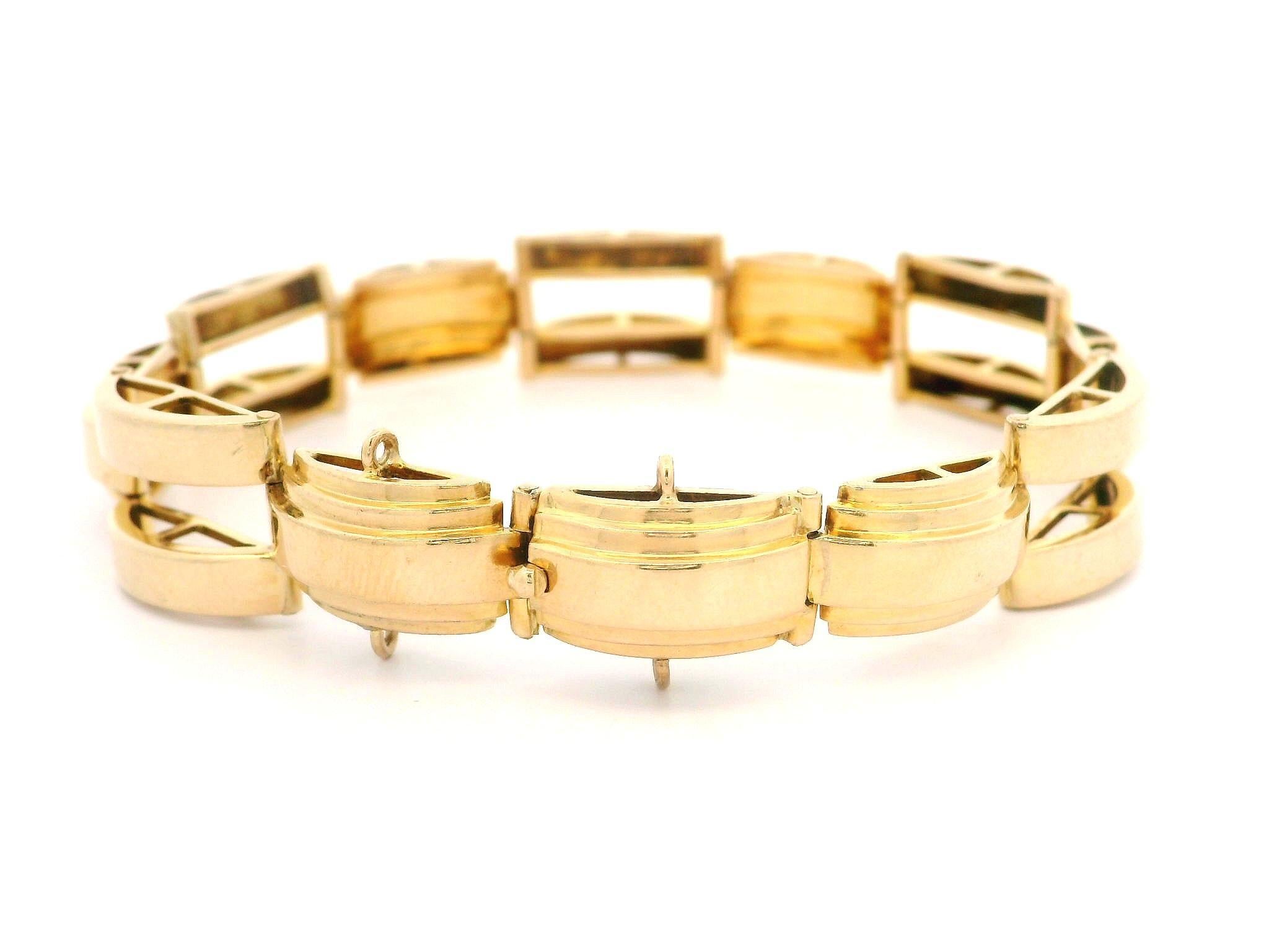 Vintage Retro 14k Gelbgold 10,2 mm Breites geometrisches Gliederarmband, Retro für Damen oder Herren im Angebot