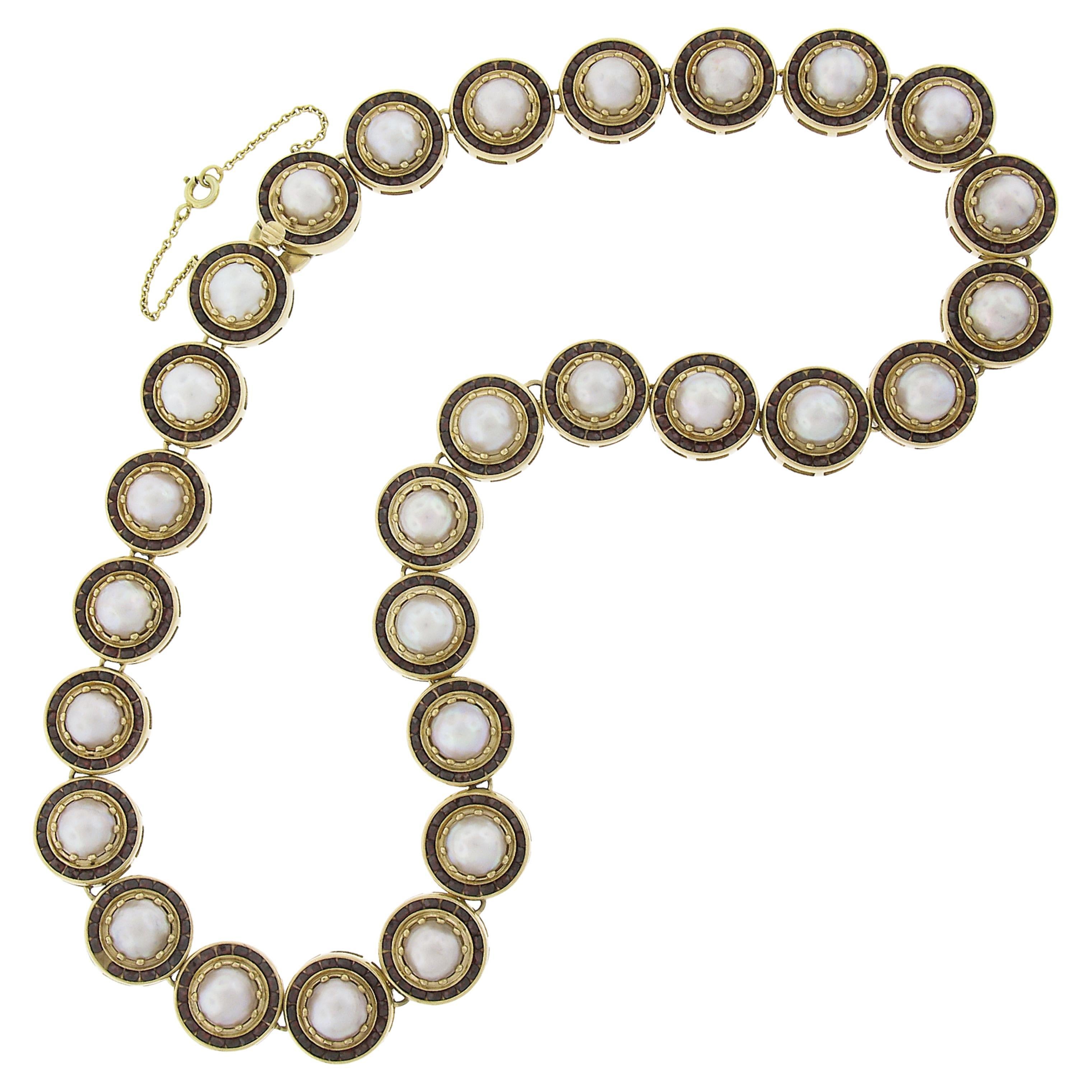 Vintage Retro 14K Yellow Gold 15" 7.1mm Pearl & Garnet Halo Link Line Necklace For Sale