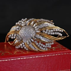 Vintage Retro 14K Yellow Gold and Platinum Diamond Floral Pin Brooch