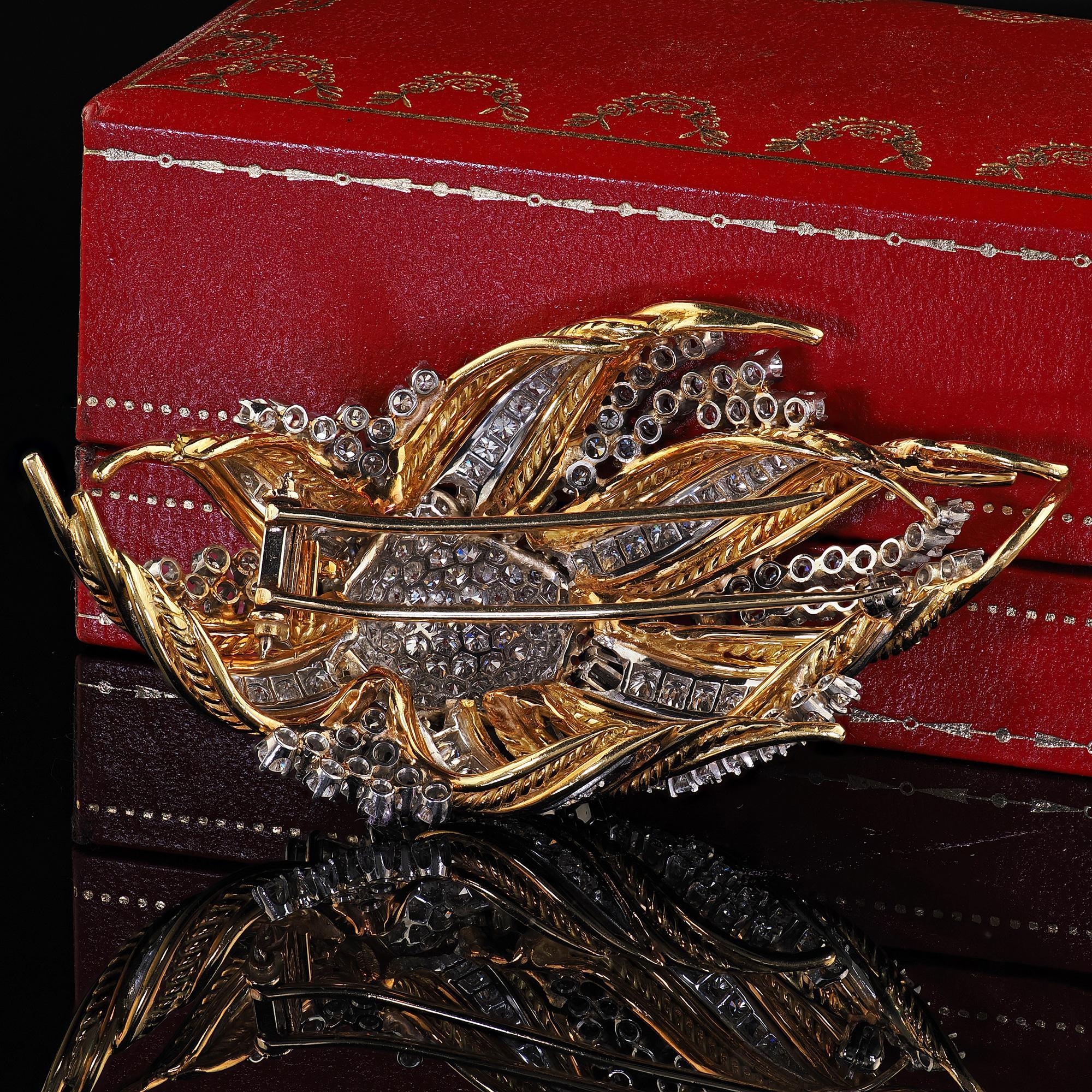 Broche Floral Retro Vintage de Oro Amarillo de 14K y Platino Corte mixto en venta