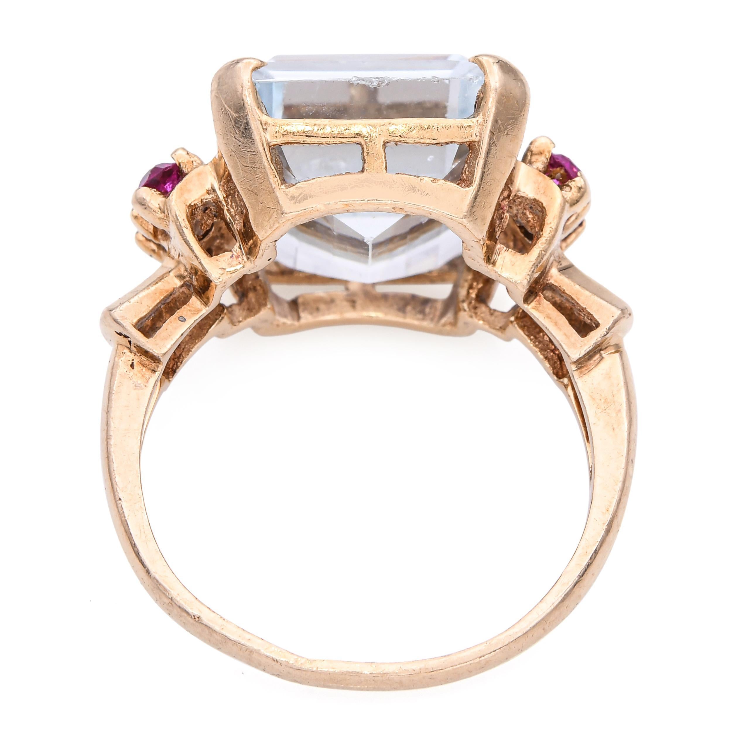 Bague cocktail vintage rétro en or jaune 14k aigue-marine et rubis Pour femmes en vente