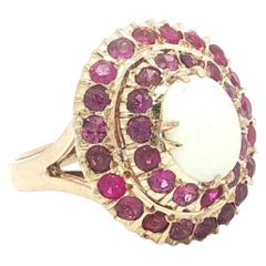 Vintage Retro 14k Yellow Gold Cabochon Opal w/ Pink Stones Double Halo Ring