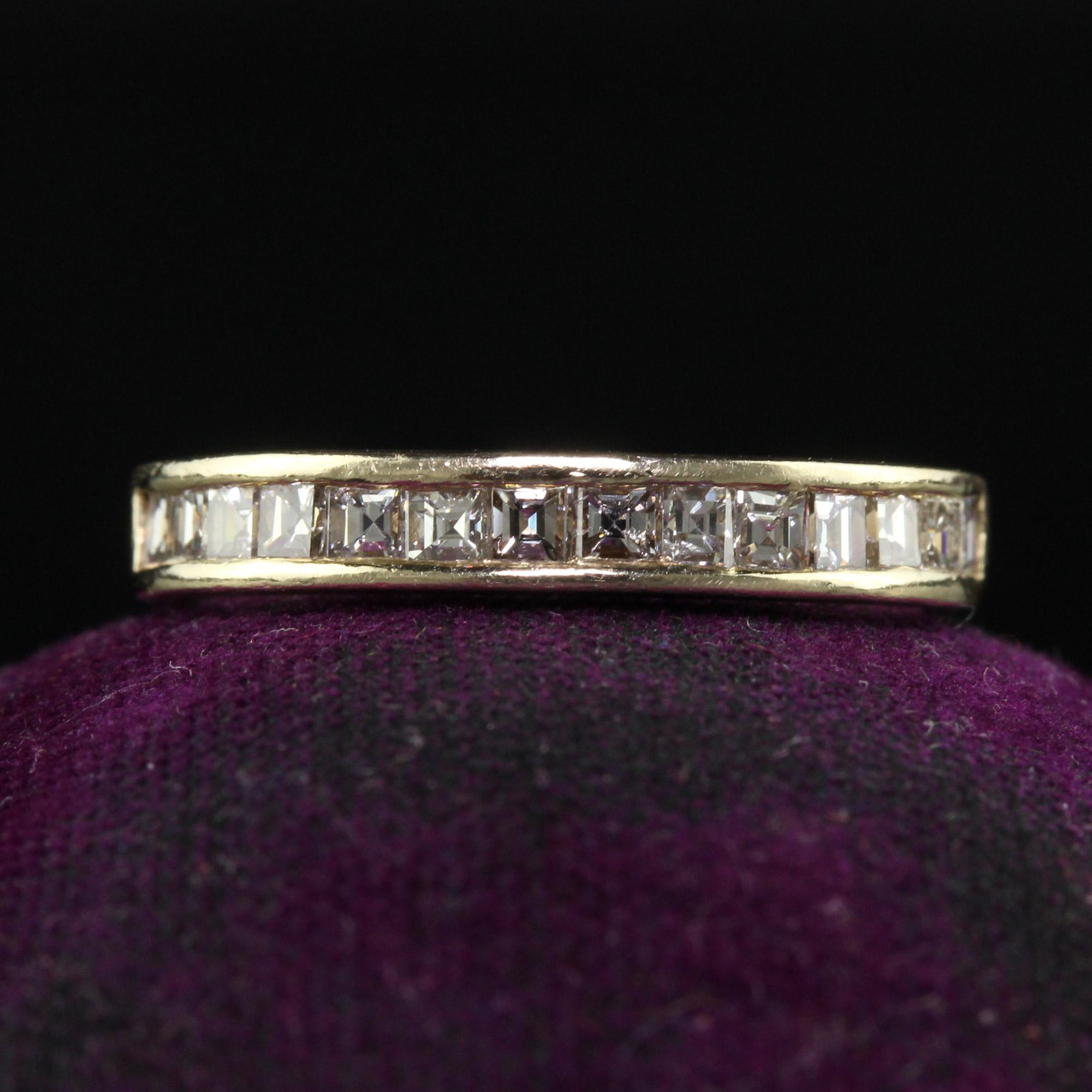 Beautiful Vintage Retro 14K Yellow Gold Carre Cut Diamond Wedding Band - Size 5. This gorgeous vintage carre cut wedding band is crafted in 14k yellow gold. The ring features beautiful carre cut diamonds that are set half way around the band. The