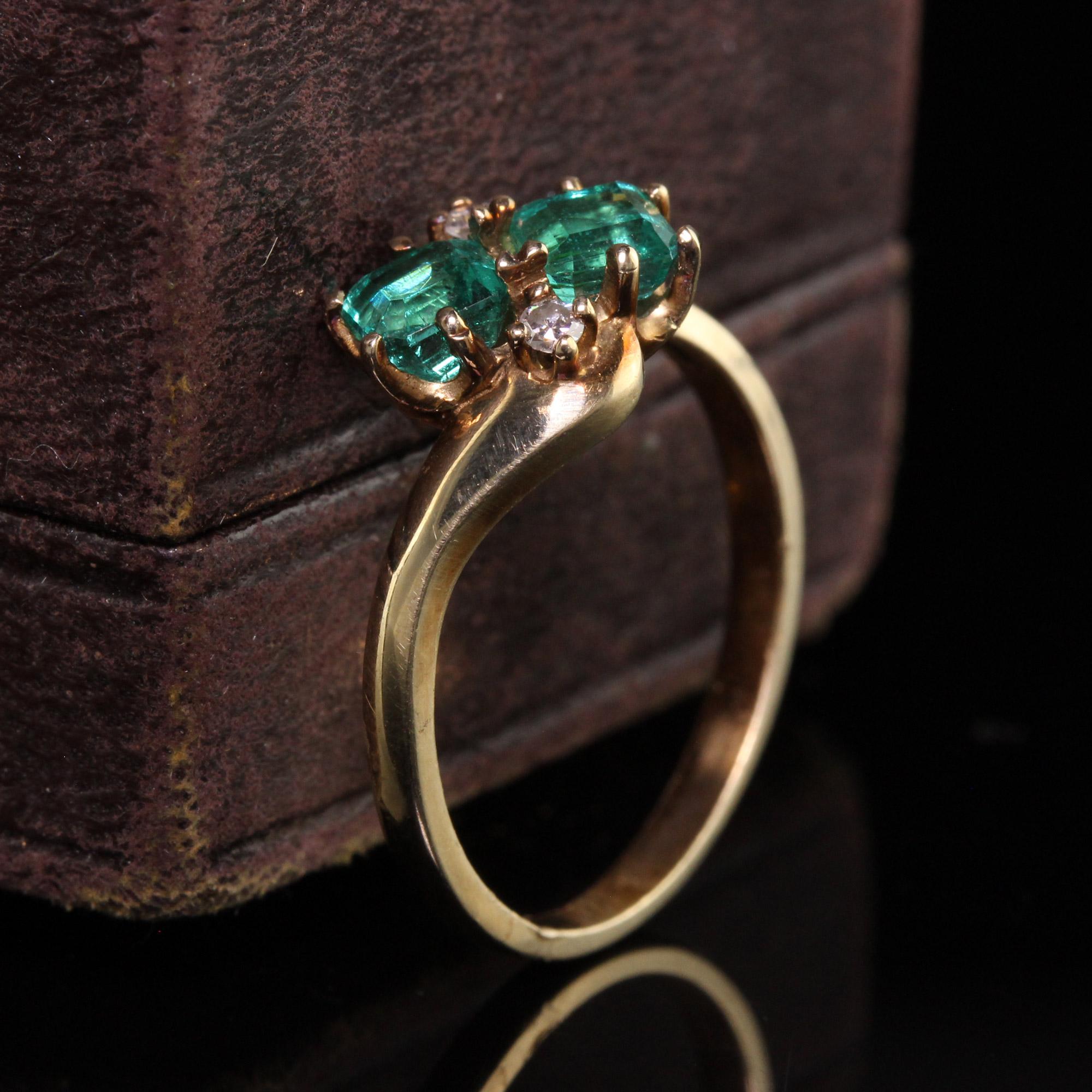Emerald Cut Vintage Retro 14k Yellow Gold Colombian Emerald Toi Et Moi Diamond Ring For Sale