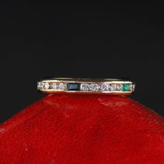 Vintage Retro 14K Yellow Gold Diamond and Emerald Eternity Band - Size 5 1/2