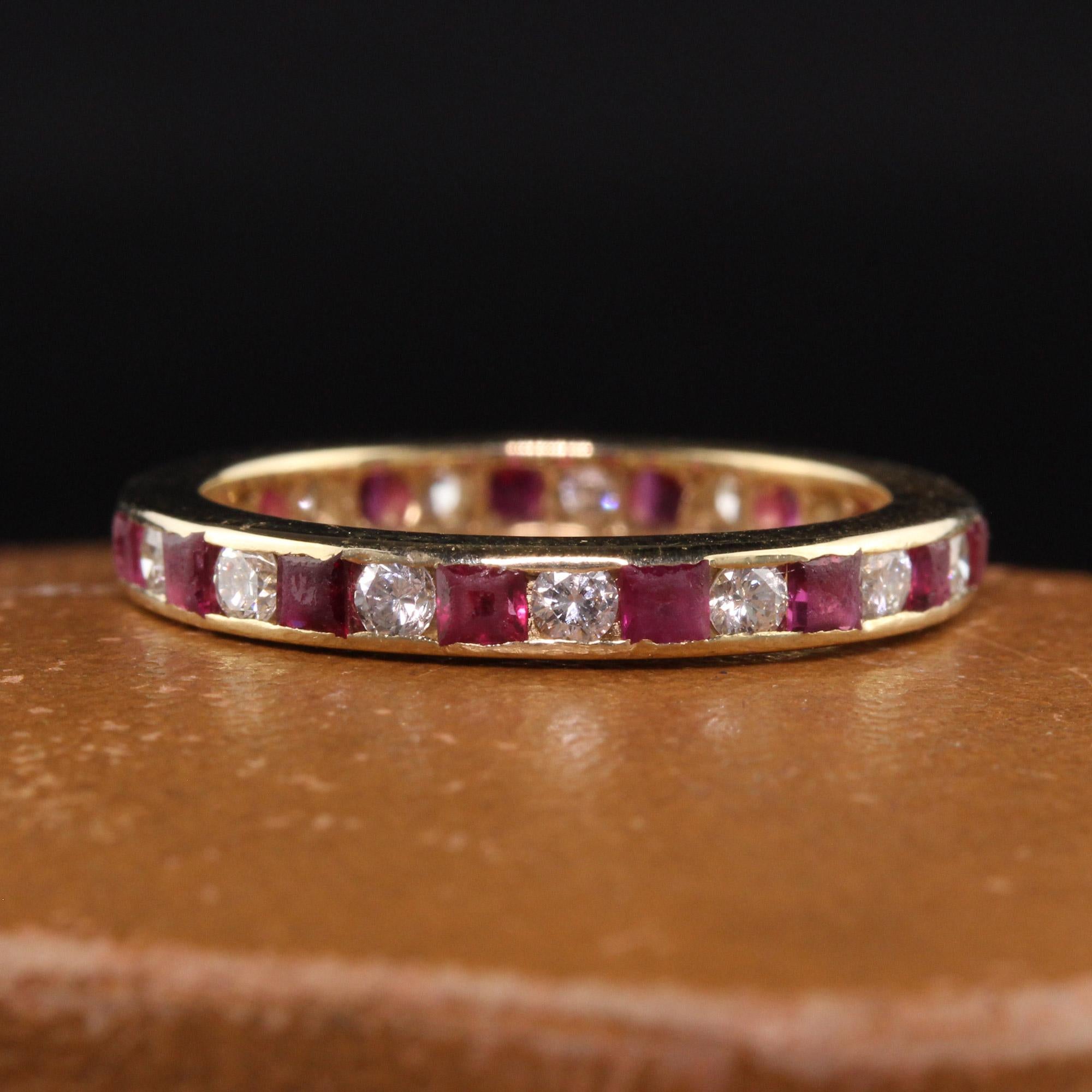 Beautiful Vintage Retro 14K Yellow Gold Diamond and Ruby Eternity Band. This beautiful band is crafted in 14k yellow gold. The band has diamonds and natural rubies alternating around the entire ring. The rubies of the ring are abraded due to normal