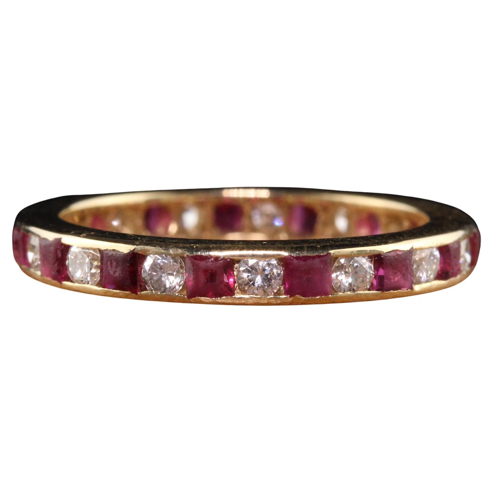 Vintage Retro 14K Yellow Gold Diamond and Ruby Eternity Band For Sale