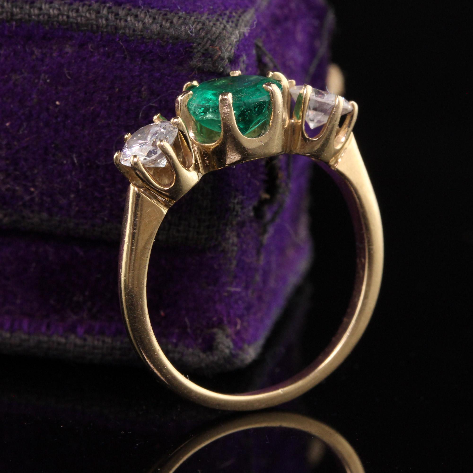Old European Cut Vintage Retro 14K Yellow Gold Emerald and Diamond Three Stone Ring For Sale