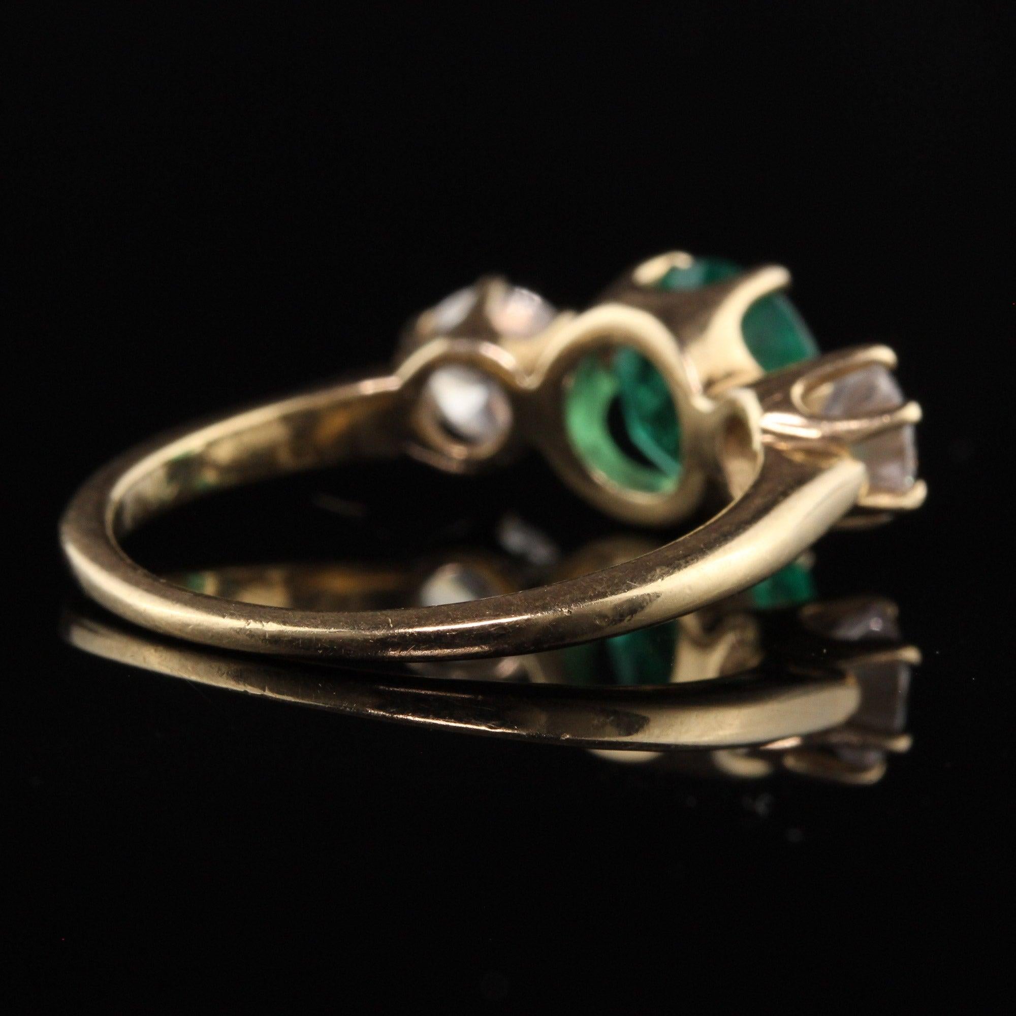 Women's Vintage Retro 14K Yellow Gold Emerald and Diamond Three Stone Ring For Sale