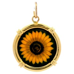 Vintage Retro 14k Yellow Gold Hand Painted Yellow Daisy Sunflower Charm Pendant