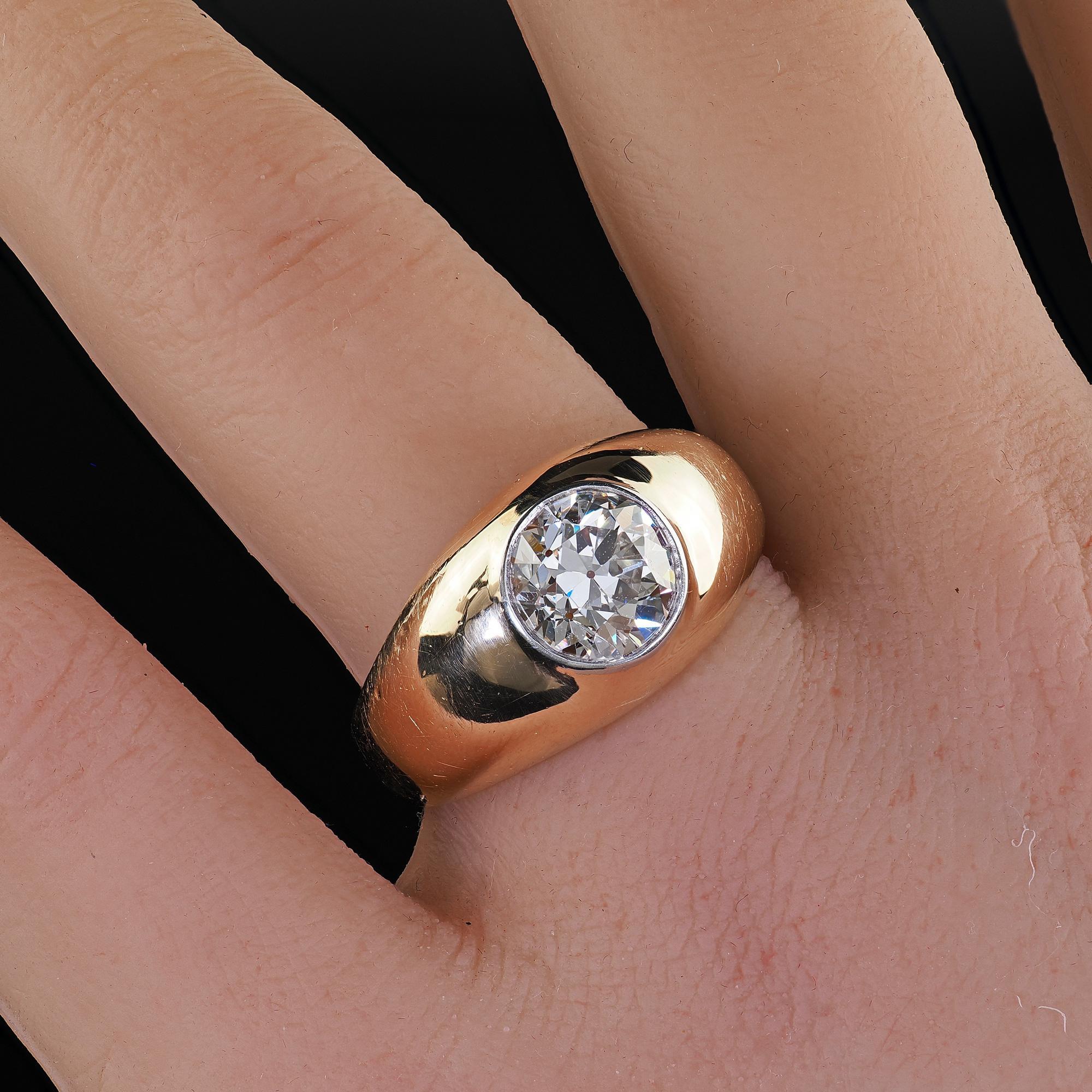 Vintage Retro 14K Yellow Gold Old Cut Diamond Flush Set Engagement Ring - GIA For Sale 6