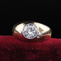 Vintage Retro 14K Yellow Gold Old Cut Diamond Flush Set Engagement Ring - GIA