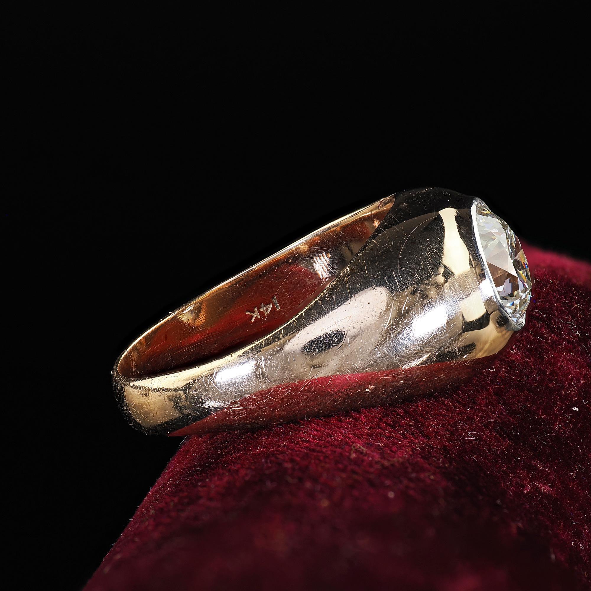 Women's Vintage Retro 14K Yellow Gold Old Cut Diamond Flush Set Engagement Ring - GIA For Sale