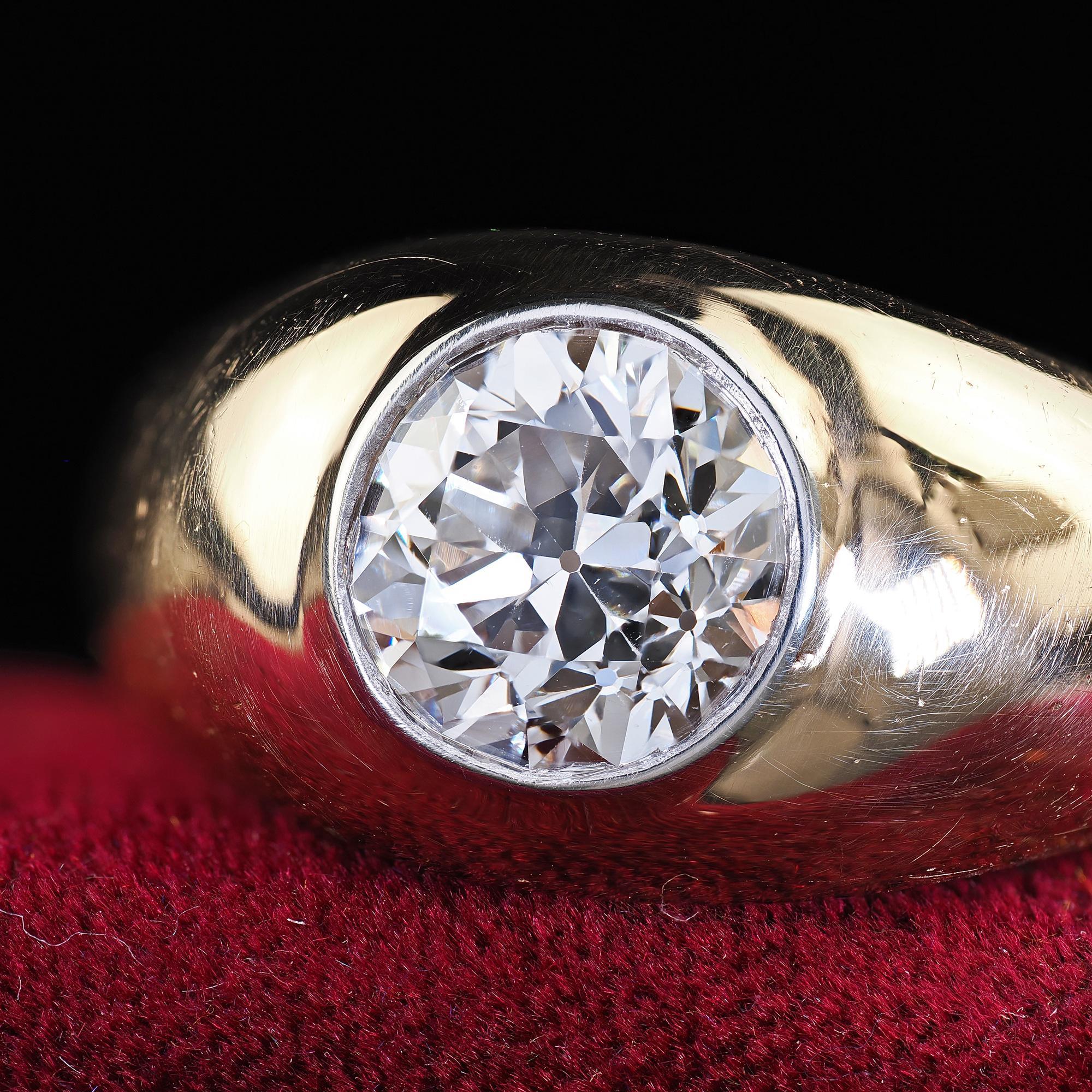 Vintage Retro 14K Yellow Gold Old Cut Diamond Flush Set Engagement Ring - GIA For Sale 2