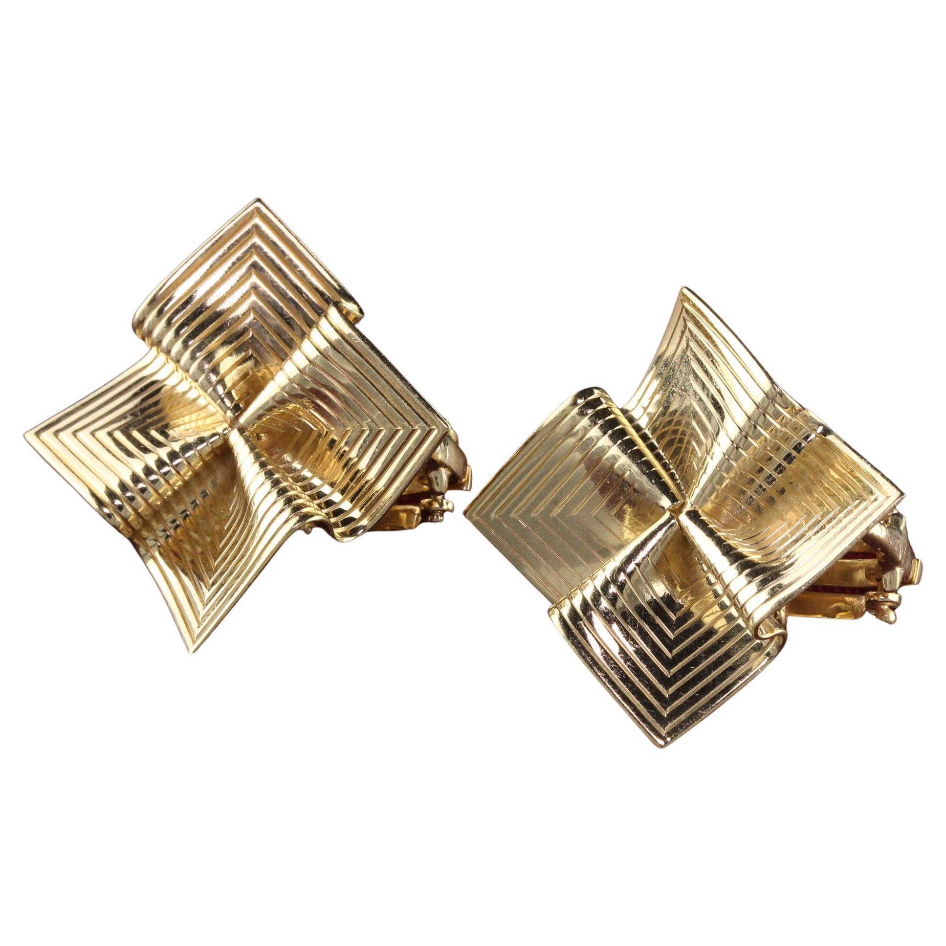 Boucles d'oreilles vintage rétro Origami en or jaune 14 carats avec épingle à roue