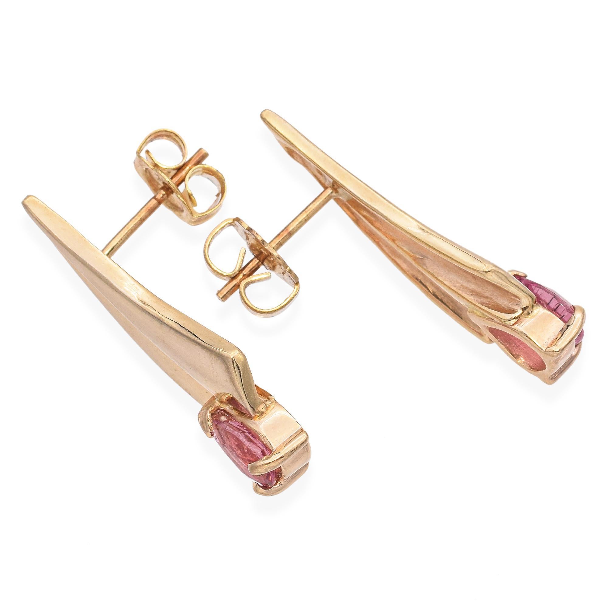 Vintage Retro 14k Gelbgold Rosa Turmalin-Ohrringe, Retro (Tropfenschliff) im Angebot