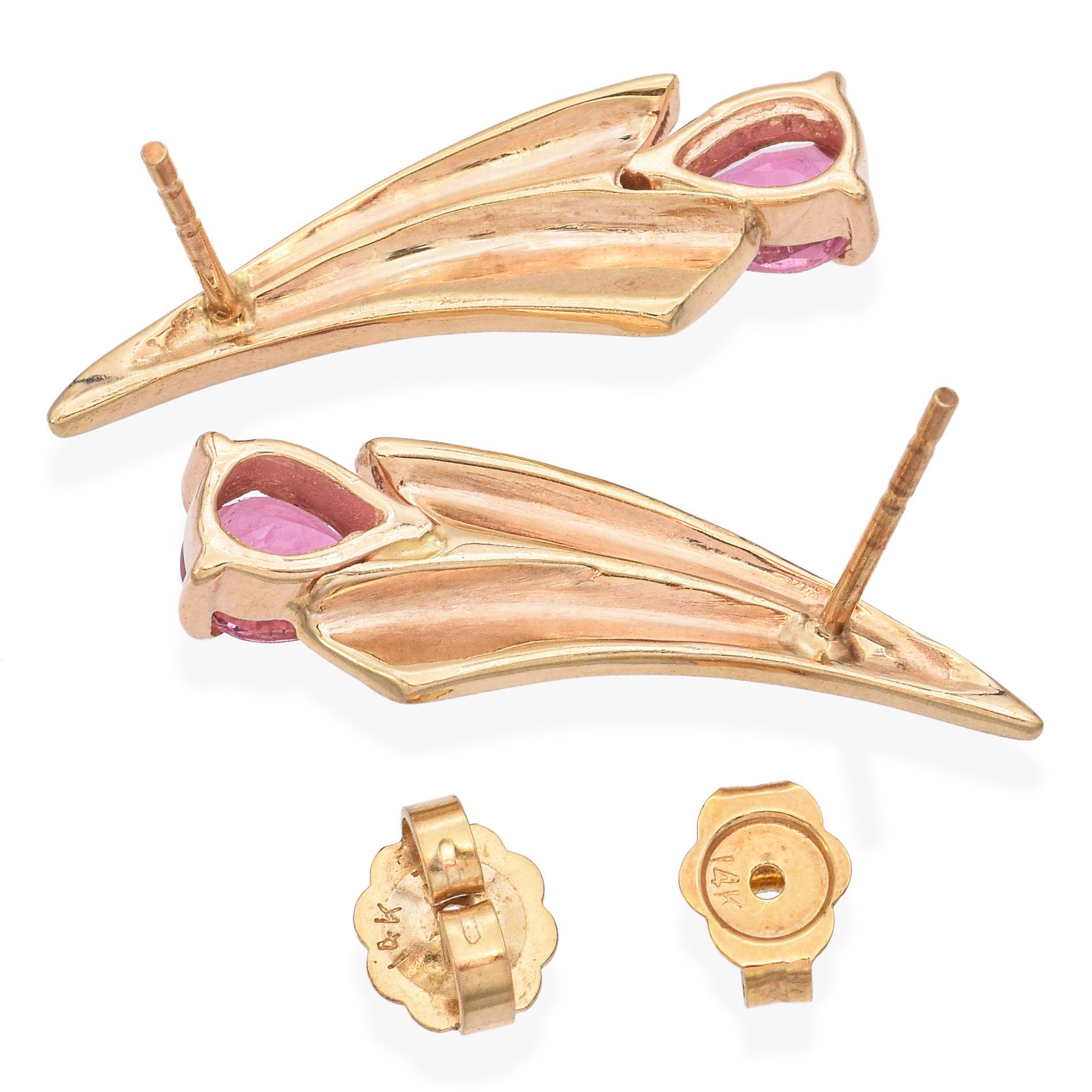 Vintage Retro 14k Gelbgold Rosa Turmalin-Ohrringe, Retro Damen im Angebot