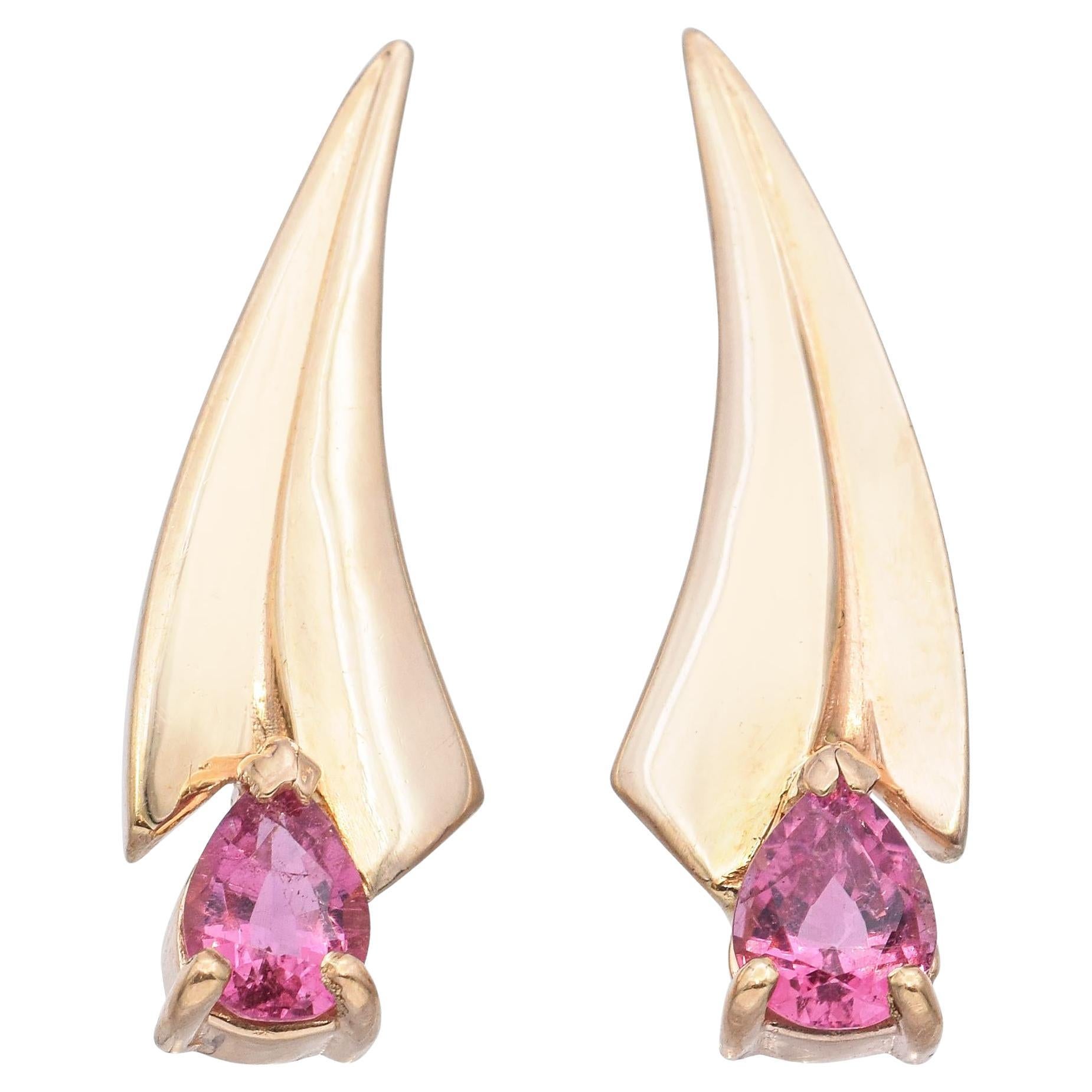 Pendientes vintage retro de oro amarillo de 14k con turmalina rosa