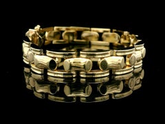 Vintage Retro 14k Yellow Gold Puffed Textured & Grooved Wide Link Bracelet
