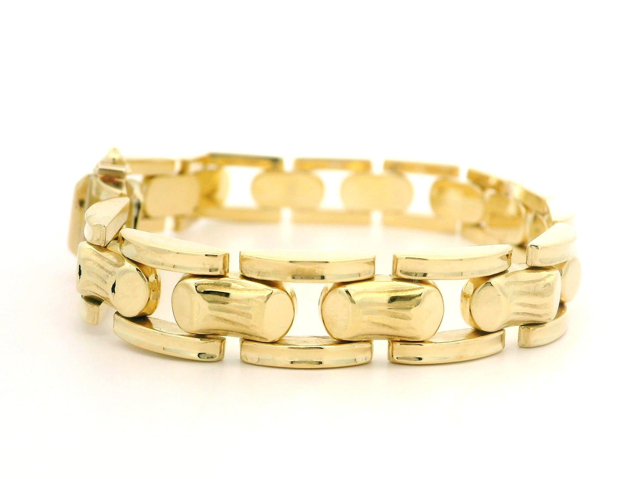 Bracelet à larges maillons vintage rétro en or jaune 14 carats texturé et rainuré en vente 4