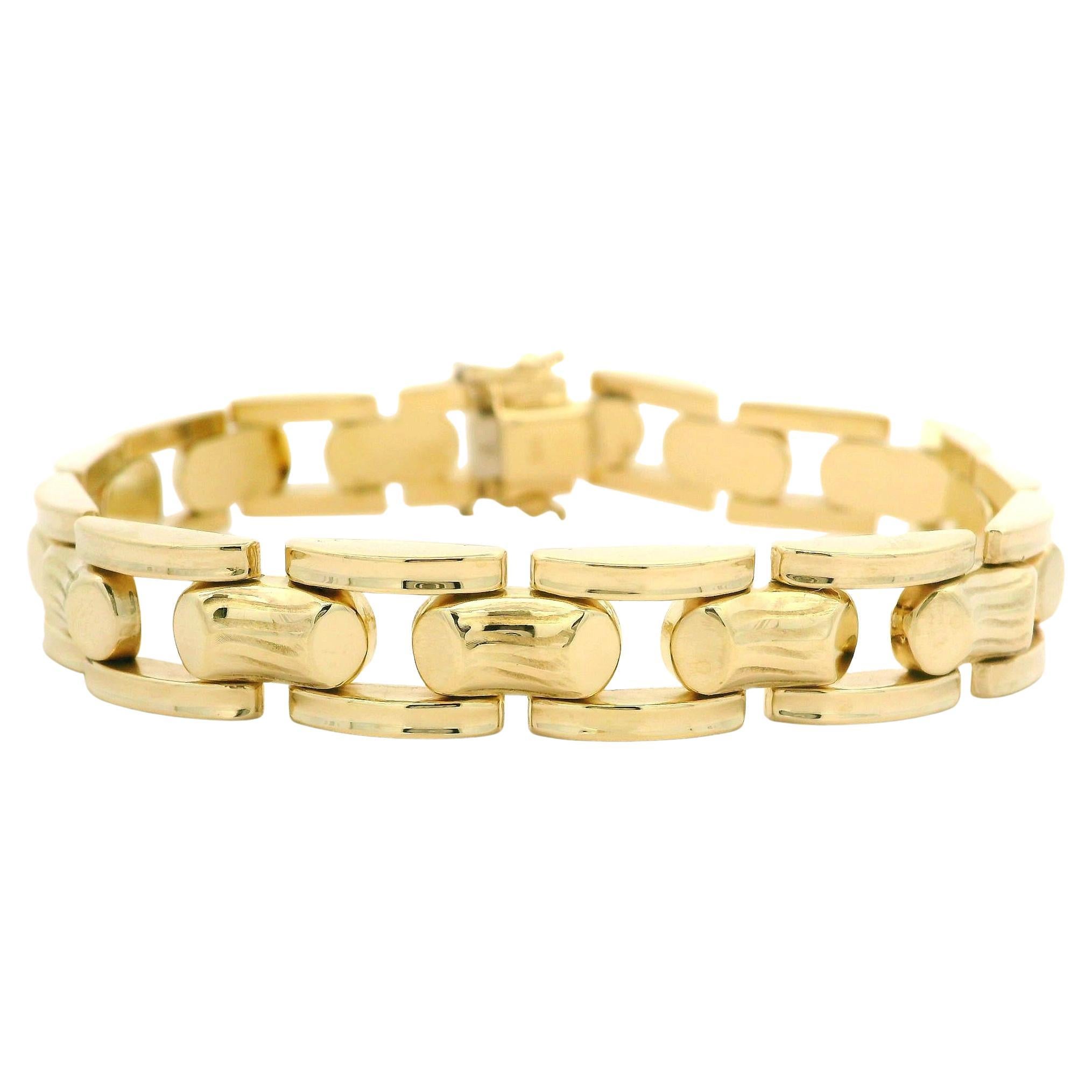 Vintage Retro 14k Yellow Gold Puffed Textured & Grooved Wide Link Bracelet