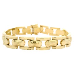 Vintage Retro 14k Yellow Gold Puffed Textured & Grooved Wide Link Bracelet