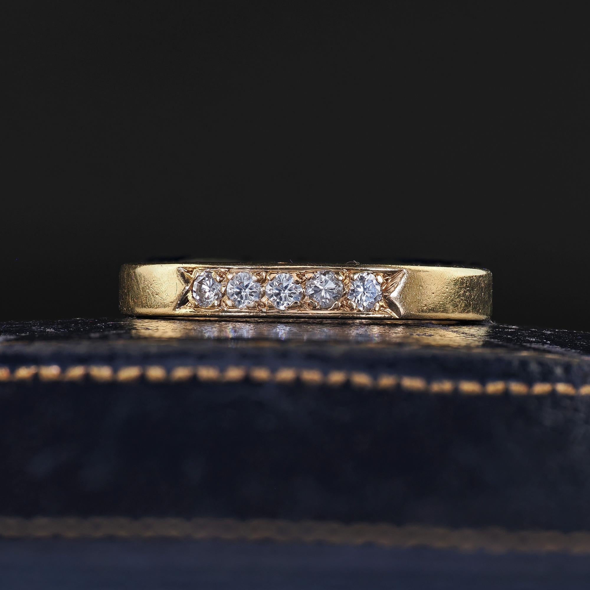 Beautiful Vintage Retro 14K Yellow Gold Round Cut Diamond Wedding Band Ring - Size 7. This beautiful vintage Retro round cut diamond wedding band is crafted in 14k yellow gold. The ring features five round cut diamonds set on top of a Retro band in