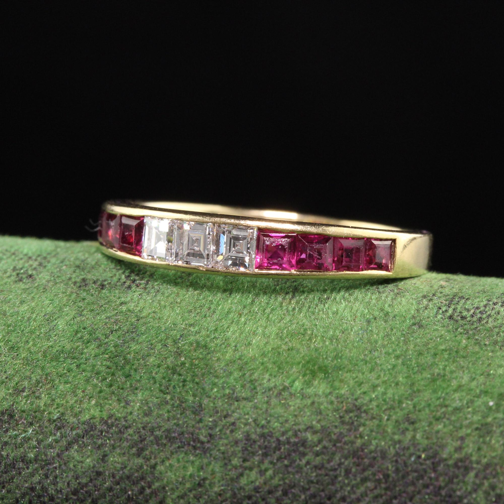 Beautiful Vintage Retro 14K Yellow Gold Ruby and Carre Cut Diamond Band. This classic ruby and diamond band features square cut rubies and carre cut diamonds set in 14K yellow gold.

Item #R0995

Metal: 14K Yellow Gold

Weight: 2.7 Grams

Diamonds: