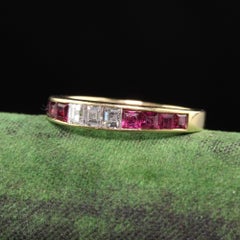 Vintage Retro 14K Yellow Gold Ruby and Carre Cut Diamond Band