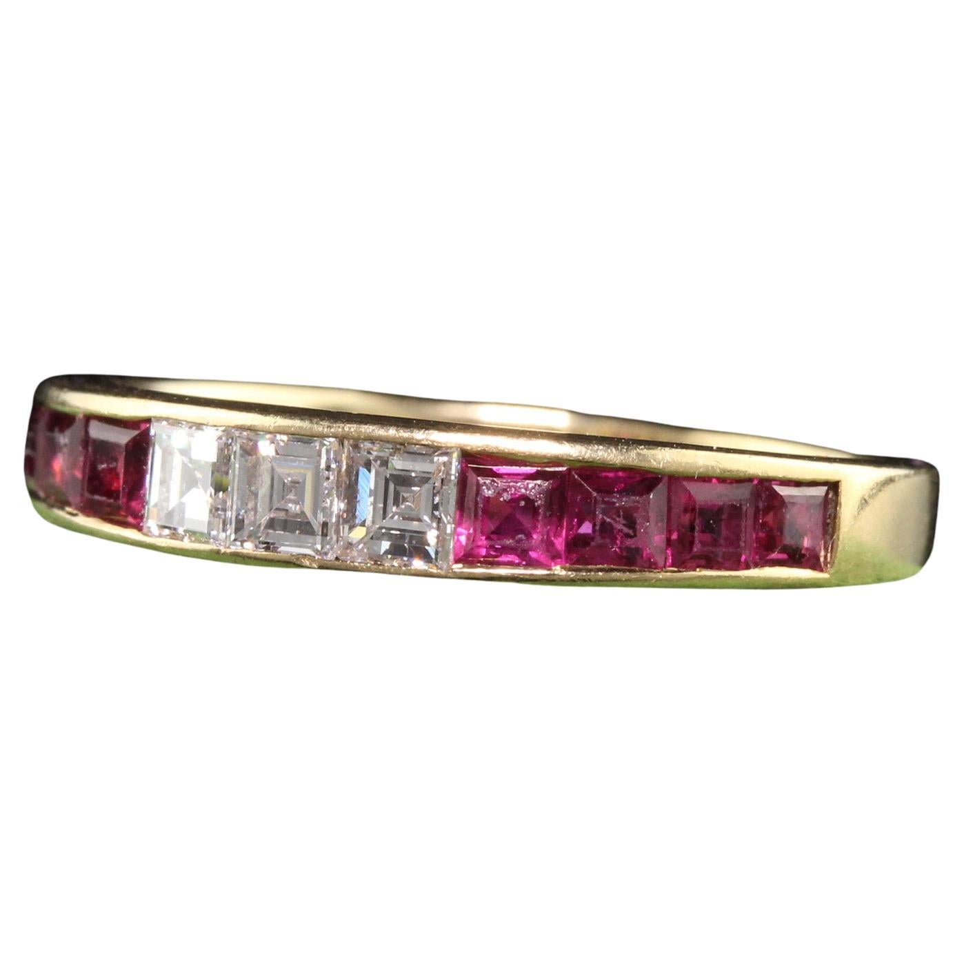 Vintage Retro 14K Yellow Gold Ruby and Carre Cut Diamond Band
