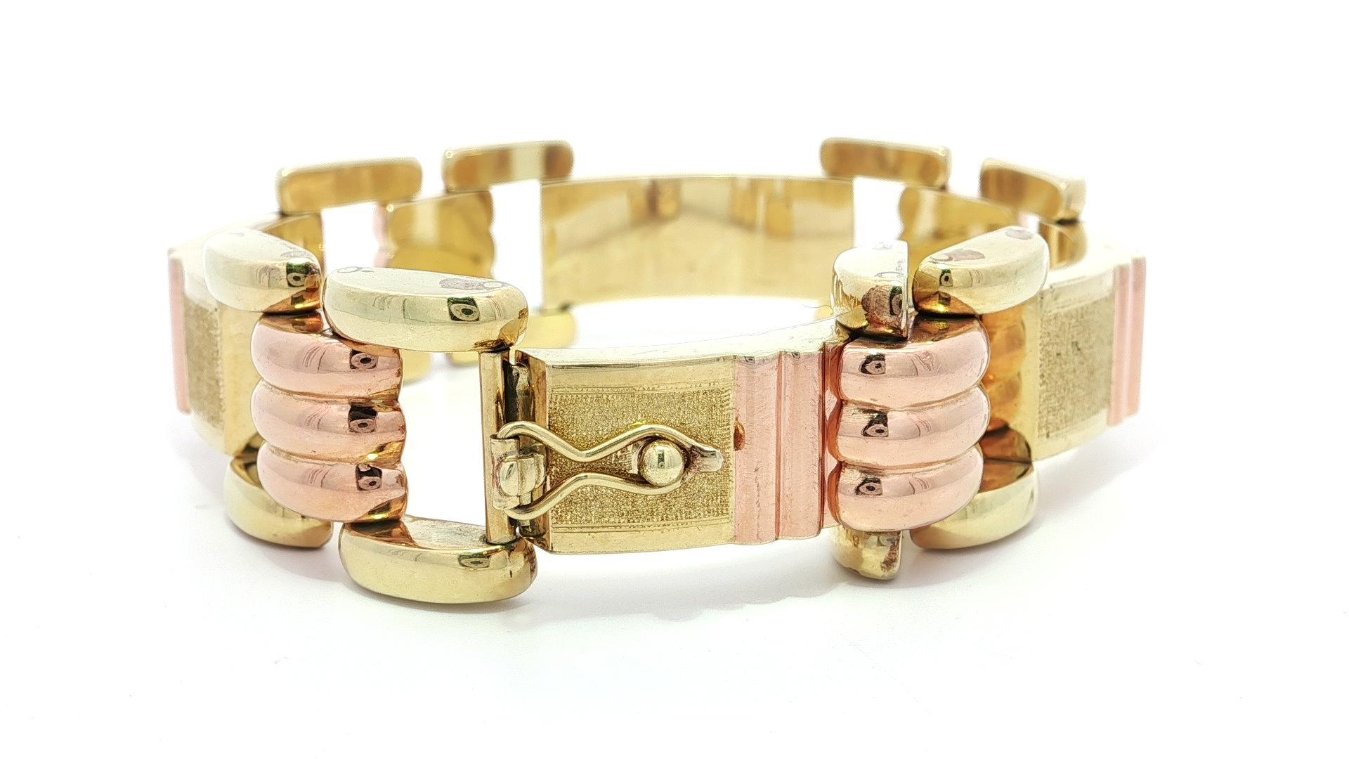 Vintage Retro 14k Yellow & Rose Gold Dual Finish Open Geometric Link Bracelet Bon état - En vente à Montclair, NJ